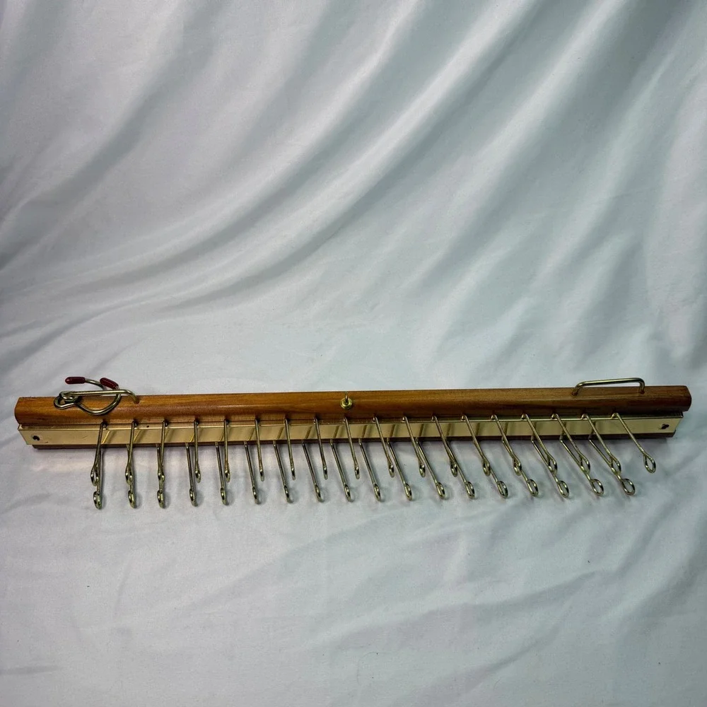Vintage Wooden Wall Mount Tie Rack Brass Tone 24 Hook Closet Organizer Brown